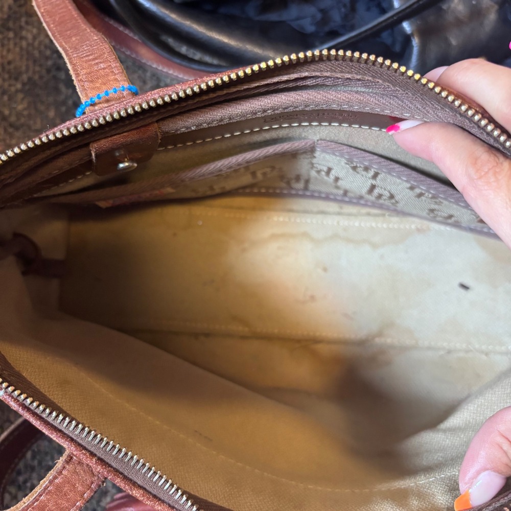 Vtg Dooney & Bourke Monogram Canvas Leather Trim Shoulder Bag Tan Brown Y2K Tote - Picture 11 of 12